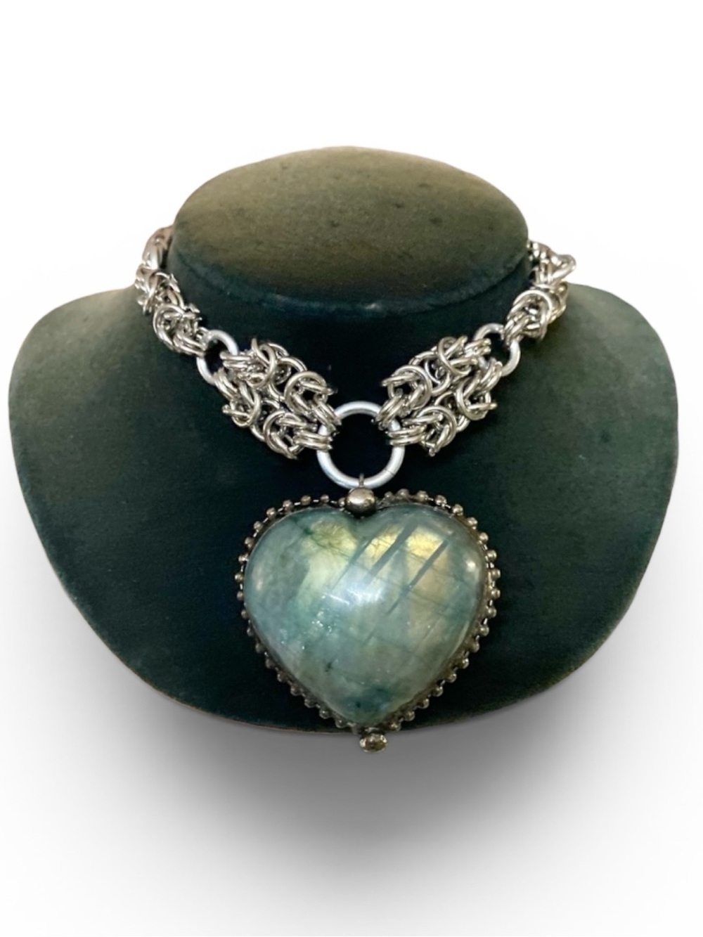 Genuine iridescent labradorite gemstone heart shape charm boho choker necklace . - Picture 2 of 16
